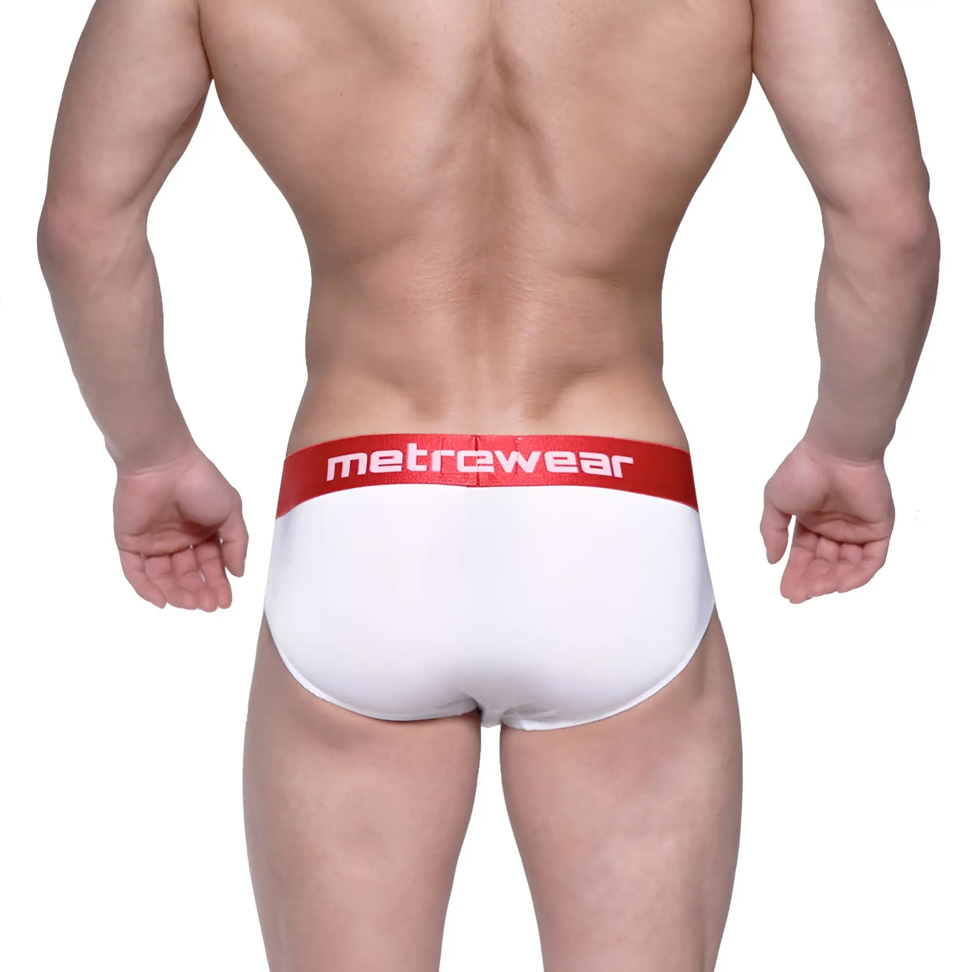 White men’s hip briefs with a red waistband featuring the metrewear logo designed for comfort and support