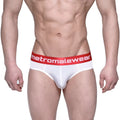 White briefs with red waistband featuring metromalewear logo in white lettering metro-malewear benjamin hip brief 5003-02