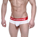 White men’s briefs with a red waistband featuring the metromalewear logo in white from the benjamin mini cheek boxer 2025-02 collection