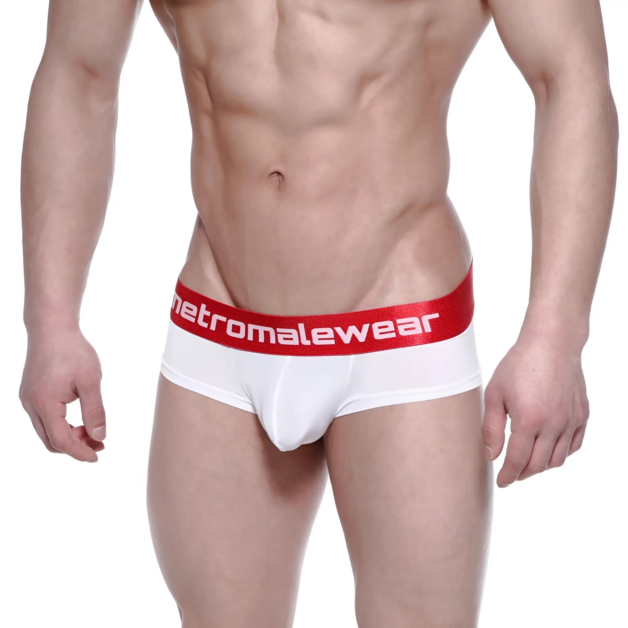 White men’s briefs with a red waistband featuring the metromalewear logo in white from the benjamin mini cheek boxer 2025-02 collection
