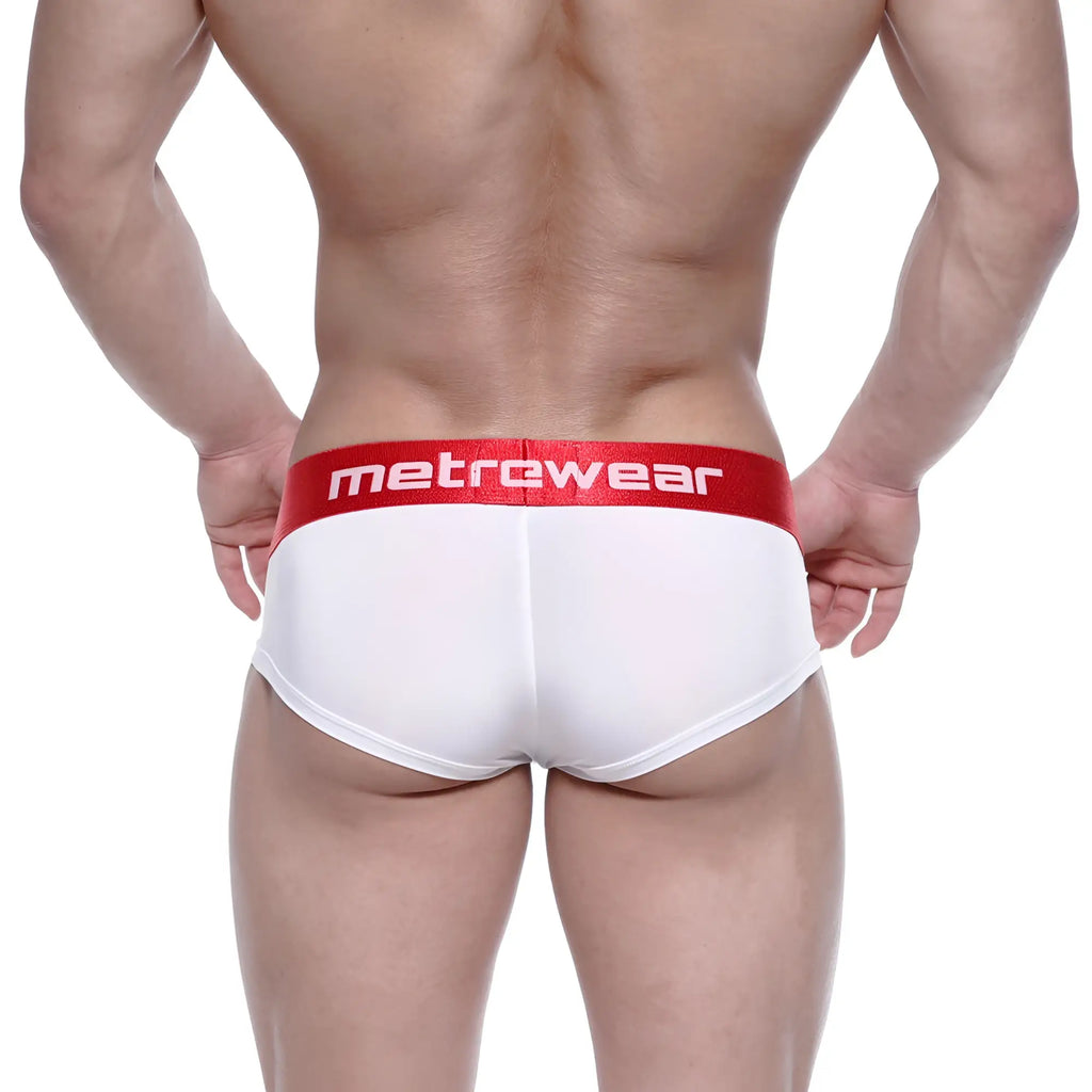 White briefs with a red waistband featuring the metrewear logo from metrmalewear benjamin mini cheek boxer 2025-02
