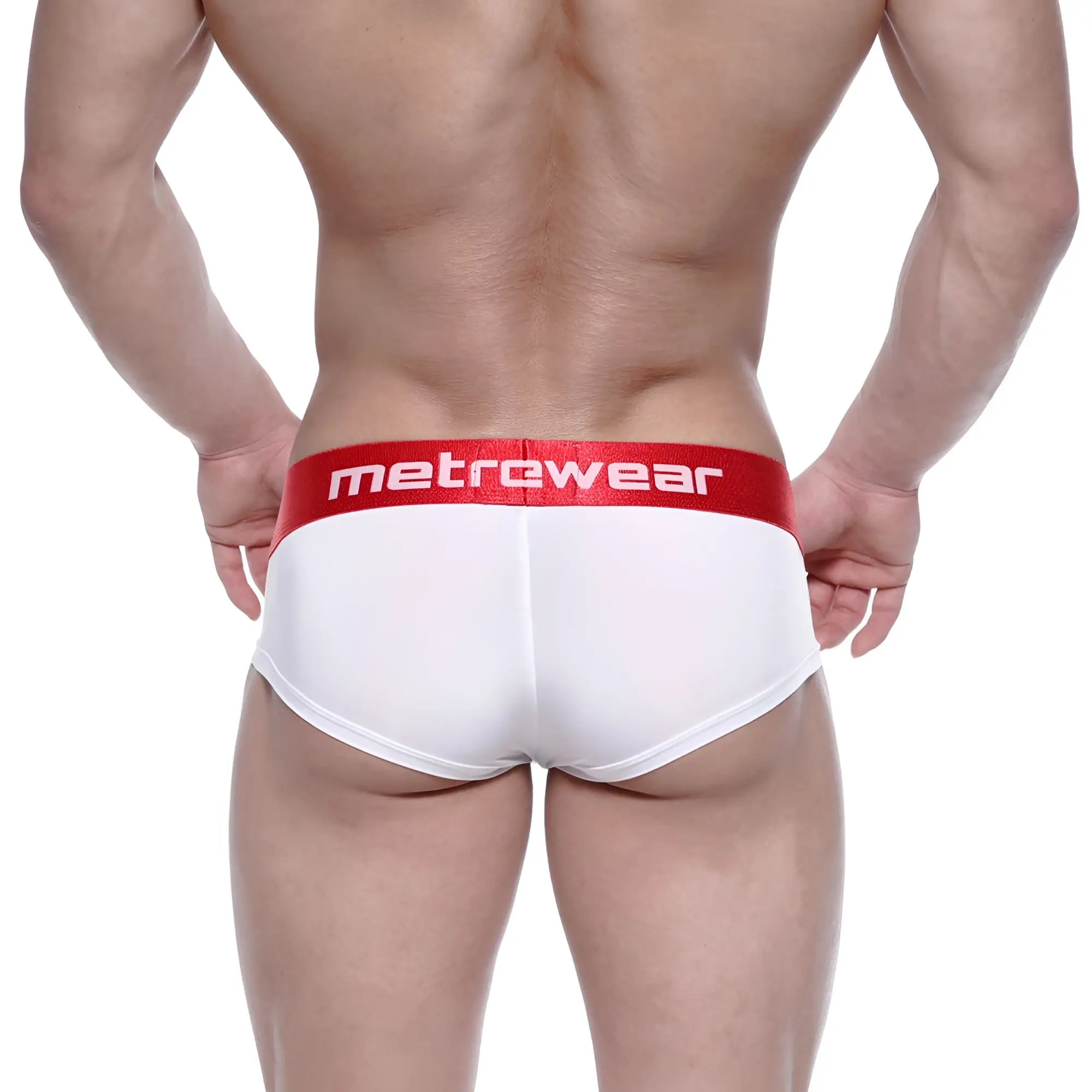 White briefs with a red waistband featuring the metrewear logo from metrmalewear benjamin mini cheek boxer 2025-02