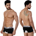 Black boxer briefs with white trim and repeating logo band metro malewear bi-color short boxer heather 3022-32