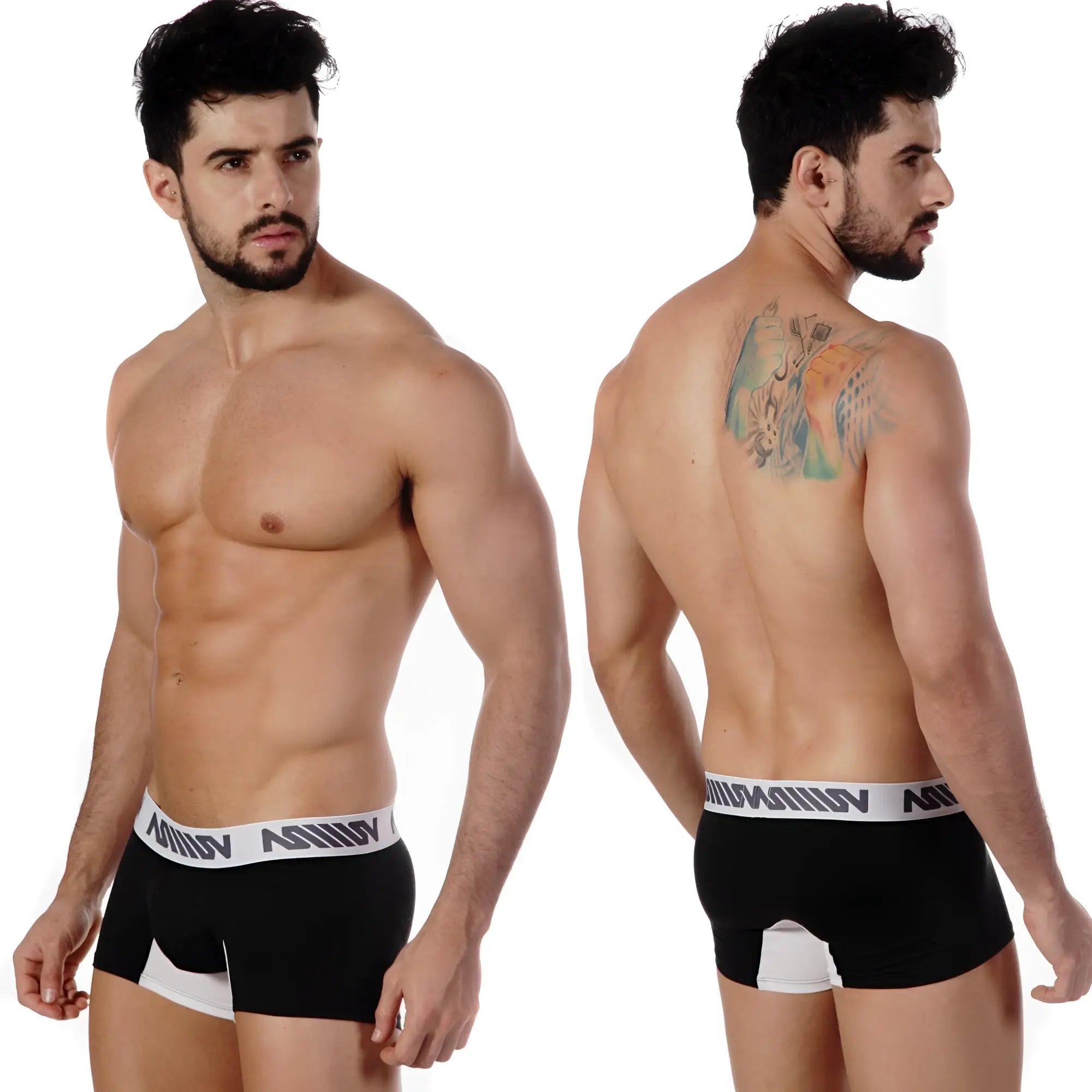 Black boxer briefs with white trim and repeating logo band metro malewear bi-color short boxer heather 3022-32