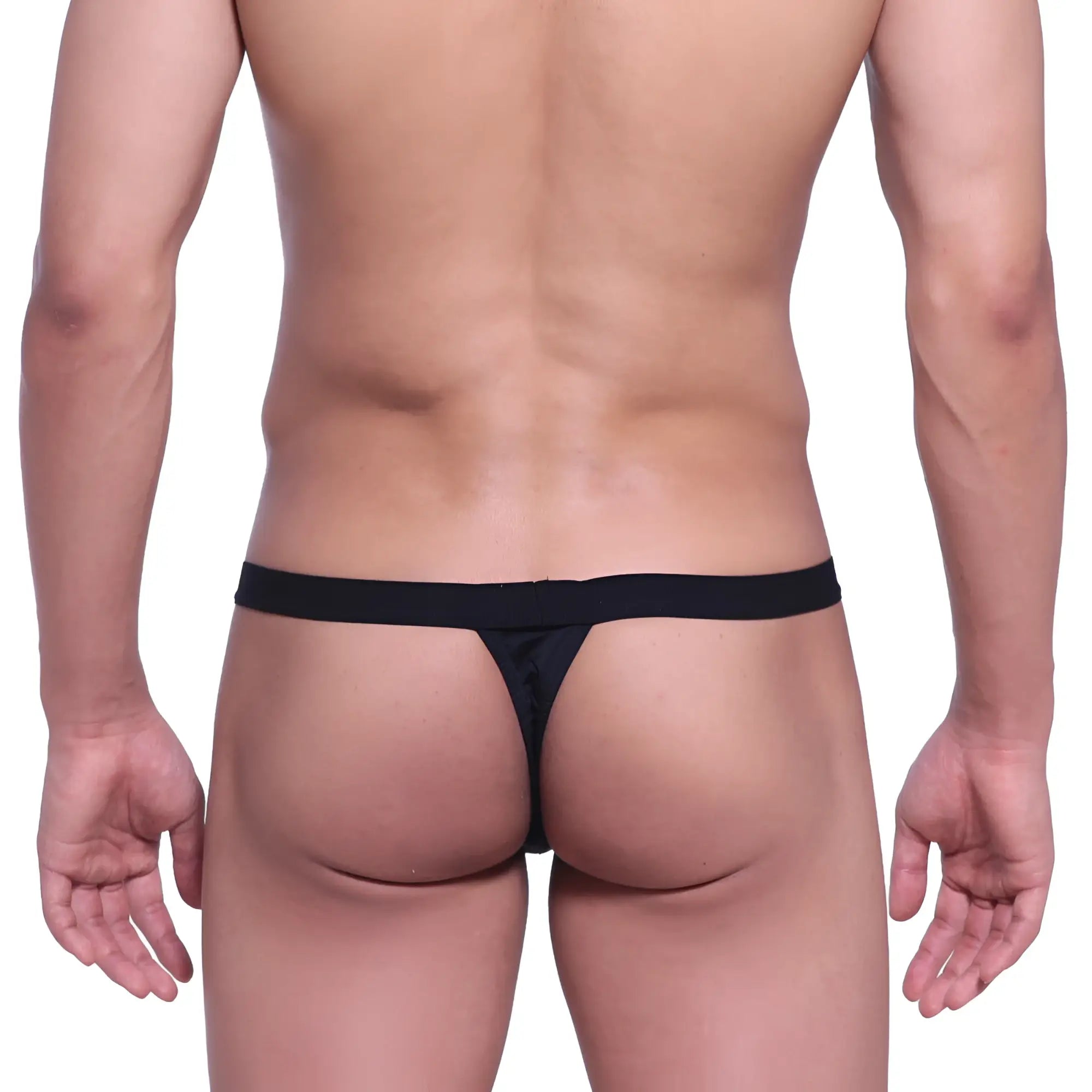 Black thong metro malewear big pouch made of smooth stretchy fabric with a narrow waistband front view