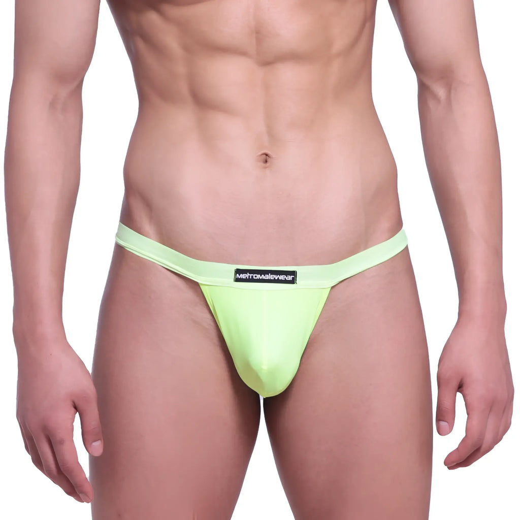 Bright lime green metro malewear big pouch thong with black waistband label in neon green 1402-07 design