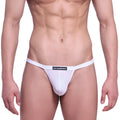 White men’s thong with big pouch in white featuring a black metromalewear logo on the waistband