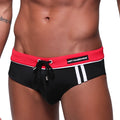 Metro malewear bing sport swim brief black with red waistband white side stripes and black drawstring ties