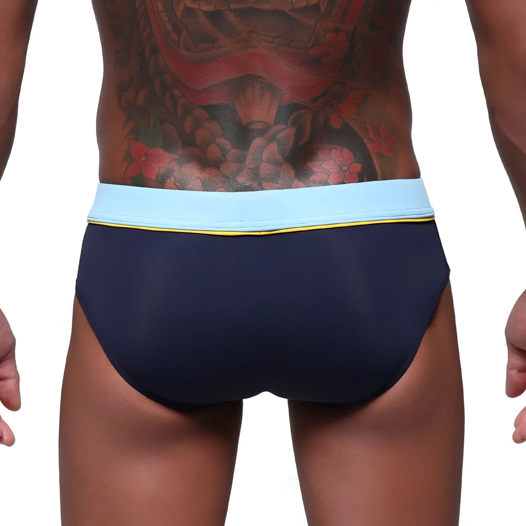 MetroMaleWear bing sport swim brief navy blue with light blue waistband and yellow trim for active swimming