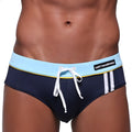 Navy blue metroMalewear bing sport swim brief with light blue waistband white drawstring and two white side stripes