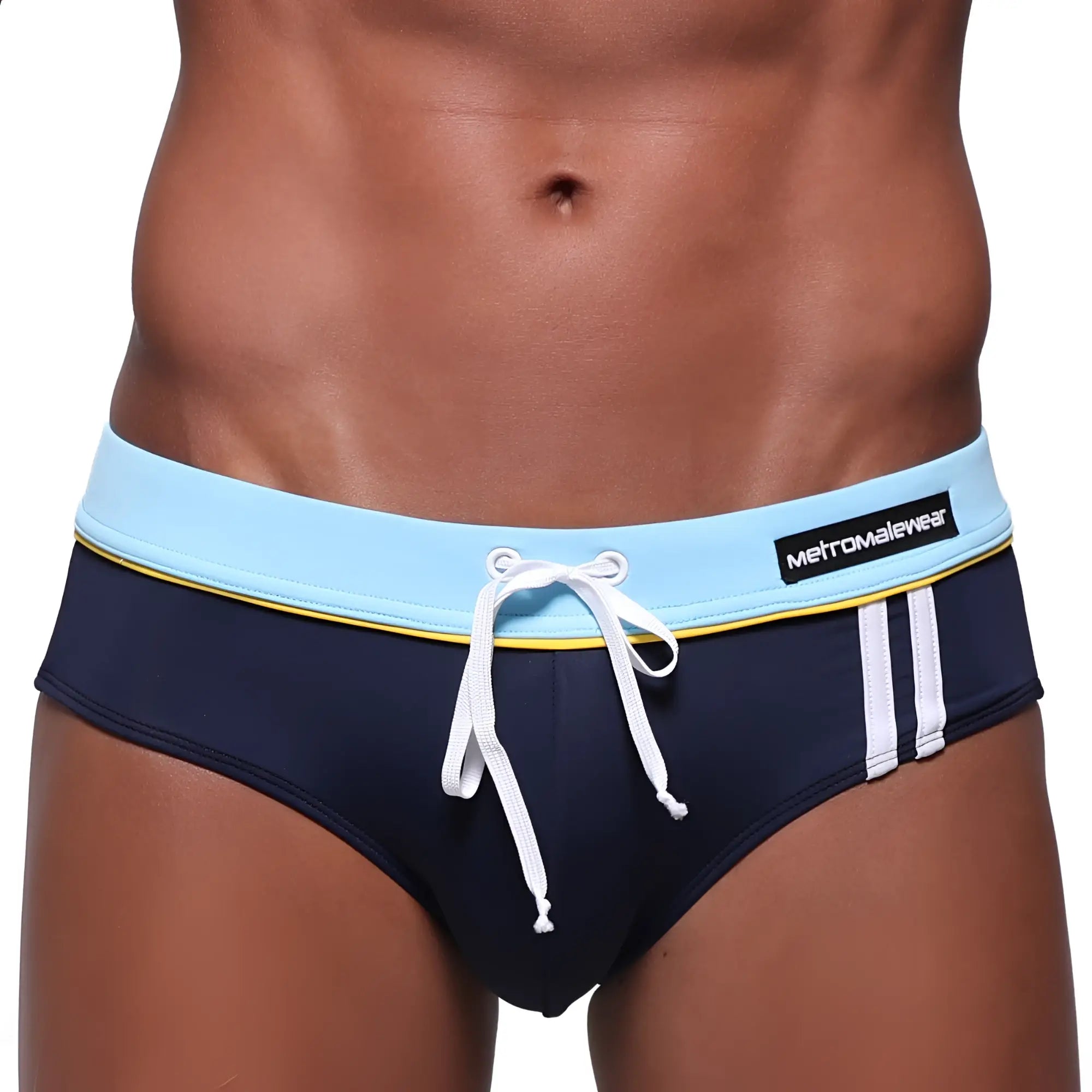 Navy blue metroMalewear bing sport swim brief with light blue waistband white drawstring and two white side stripes