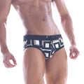 MetroMaleWear black box swim brief 4916-33 navy blue trunks with bold white gray geometric pattern and drawstring waistband