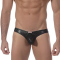MetroMaleWear black patent leather thong brief with subtle red logo tag at waistband showing front side