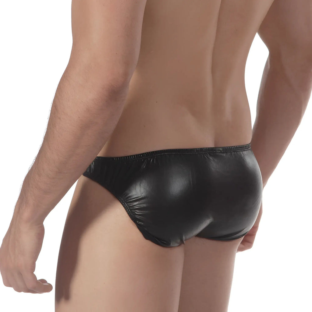 MetroMaleWear black brief 2018-20 showing the front side of shiny faux leather briefs for men
