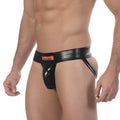 MetroMaleWear black patent leather briefs with bold orange logo on the waistband for stylish male underwear