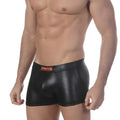 Black shiny faux leather boxer briefs with red logo waistband from MetroMaleWear black trunk 2017-20 collection