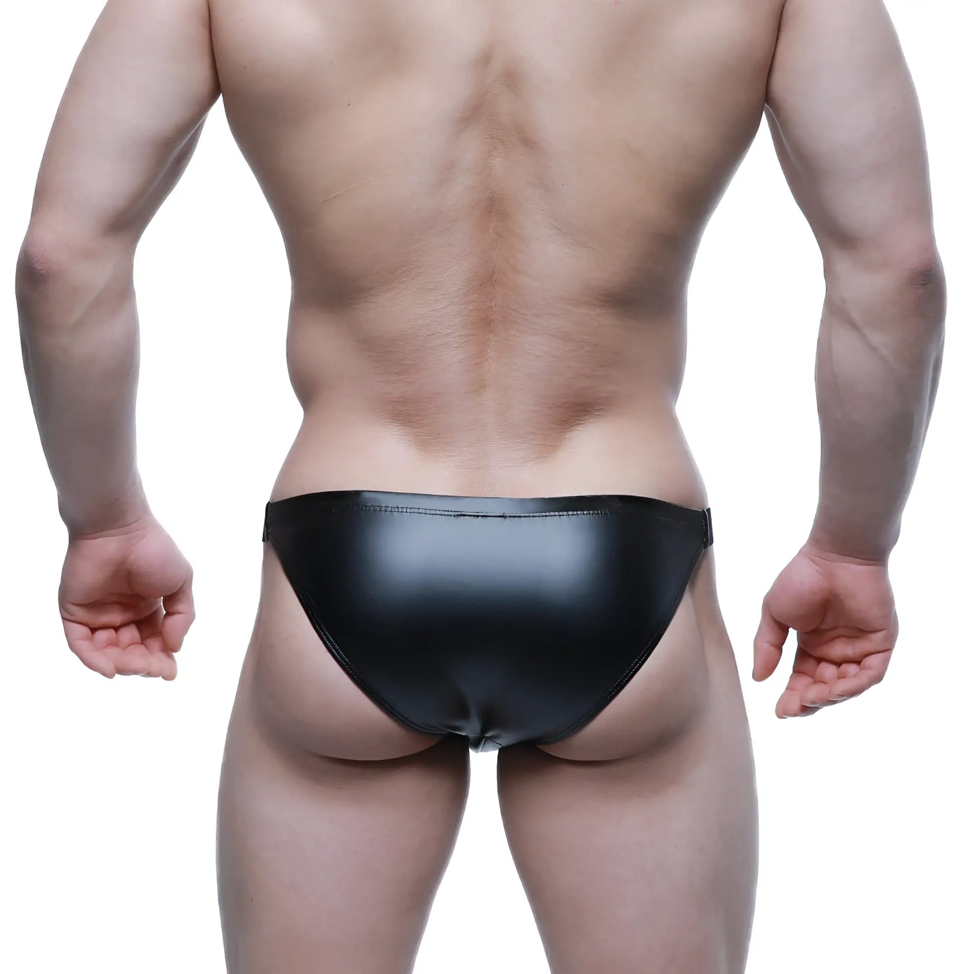 Black glossy faux leather briefs with a sleek form-fitting design by MetroMaleWear Bling Bikini 3604-75