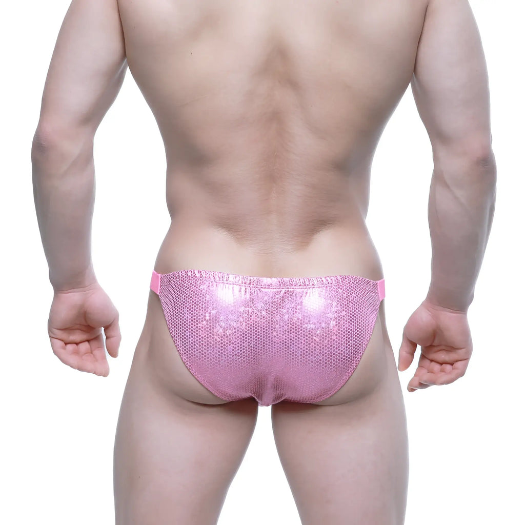 MetroMaleWear Bling Bikini pink sequined briefs with mesh texture and matching pink elastic waistband front view
