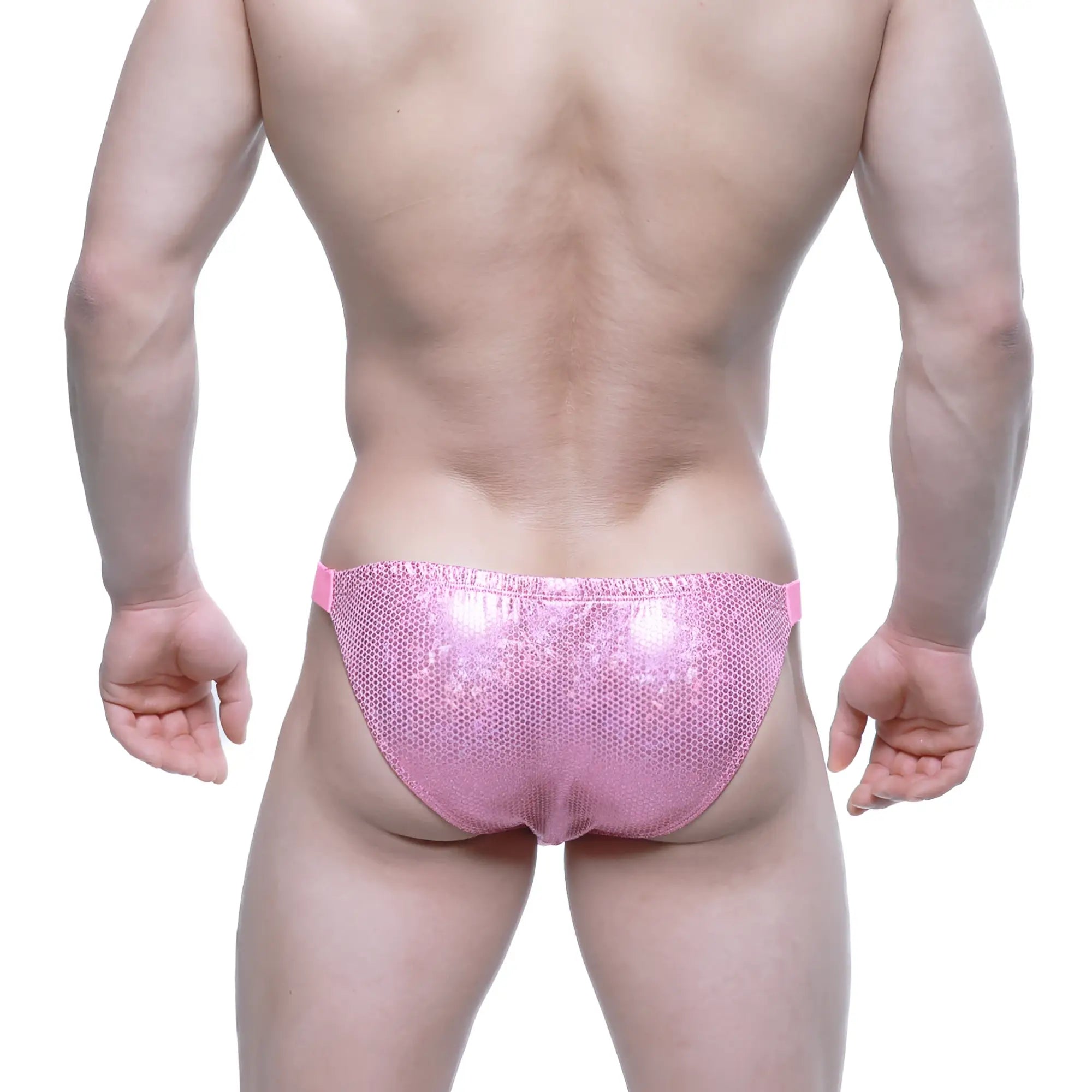 MetroMaleWear Bling Bikini pink sequined briefs with mesh texture and matching pink elastic waistband front view