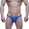MetroMalewear bling bikini briefs in royal blue textured fabric showing the front side of the product