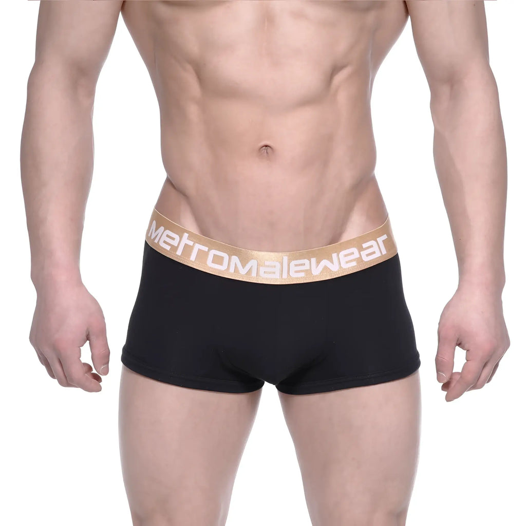 Black MetroMaleWear body boxer brief with gold elastic waistband and white metromalewear logo 1023-20
