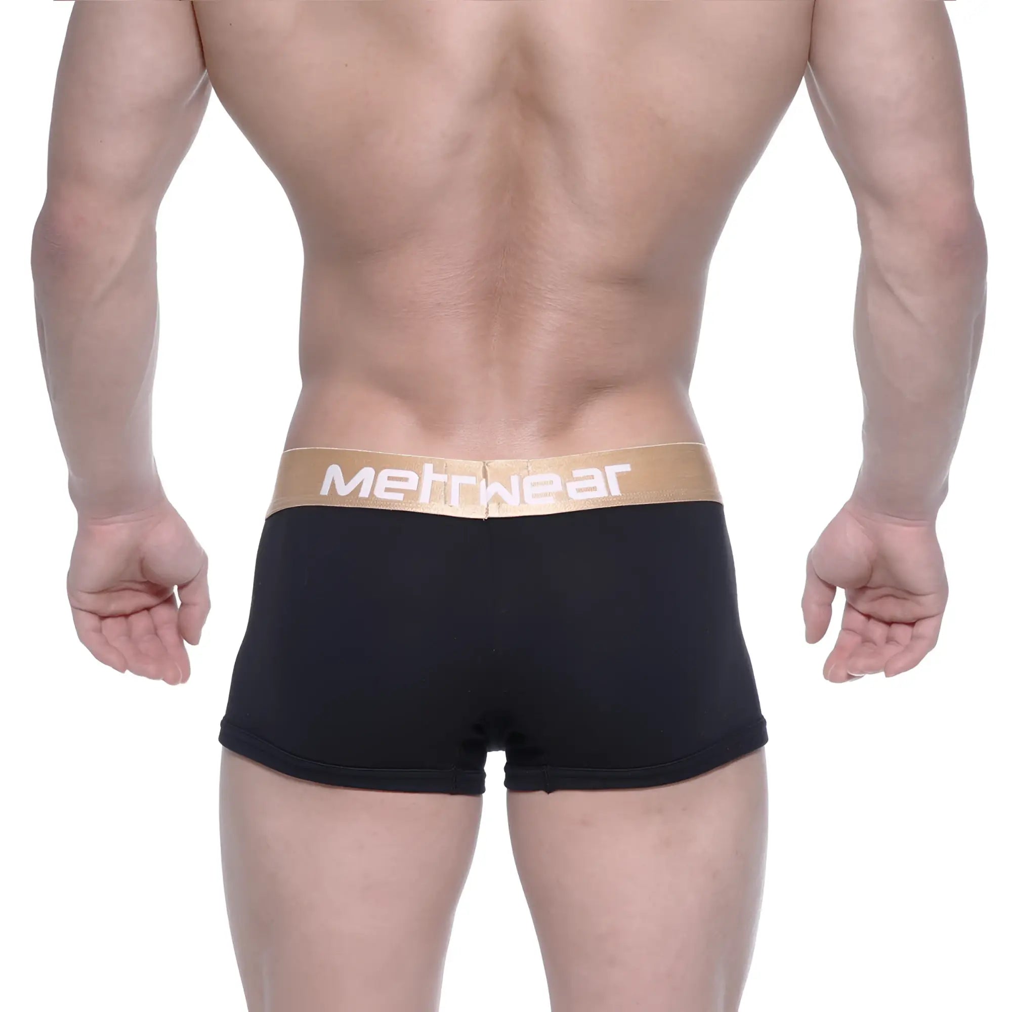 Black men’s body boxer briefs with tan waistband and methwear logo in white by metromalewear 1023-20