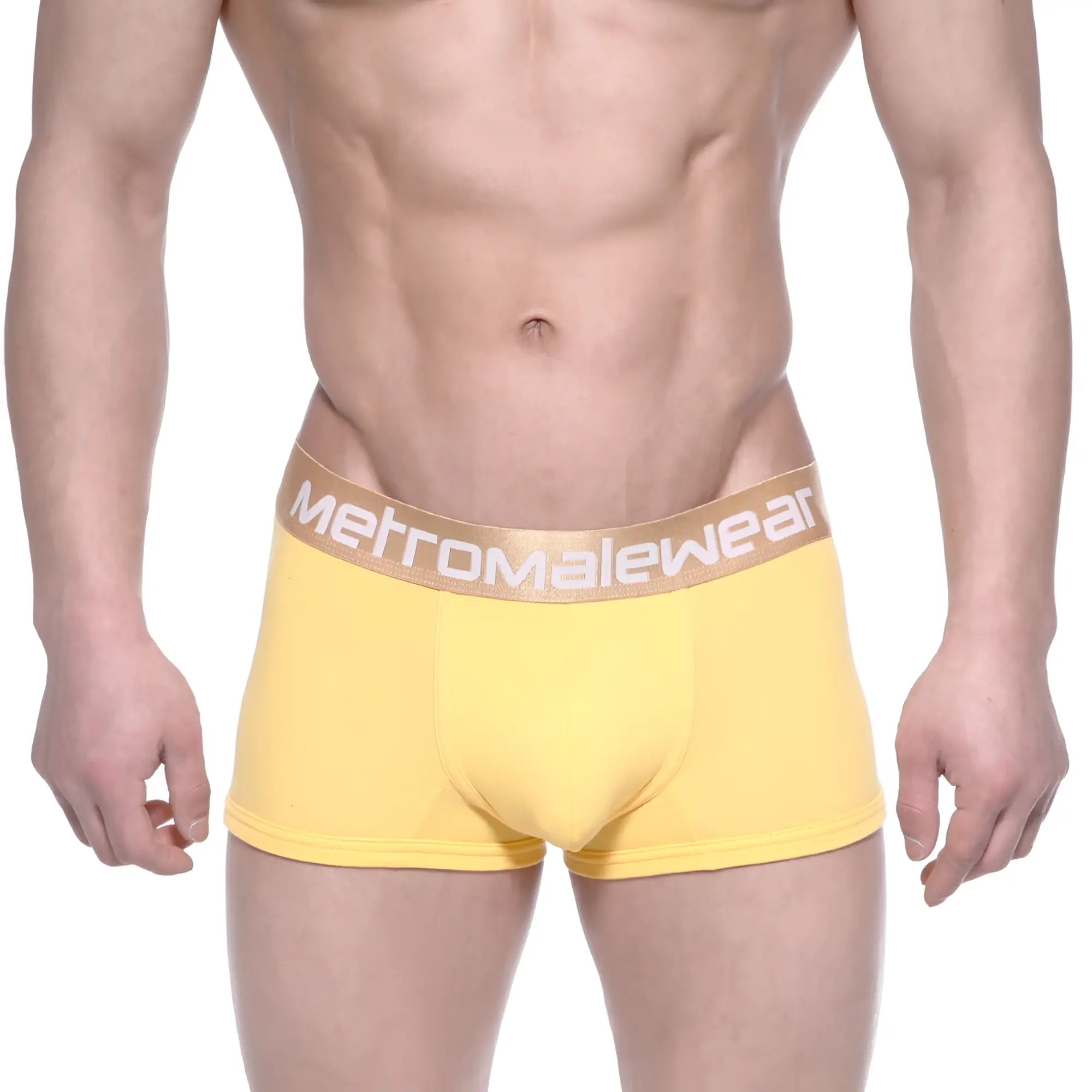 Yellow metroMalewear body boxer briefs with a tan waistband and white logo for comfortable everyday wear