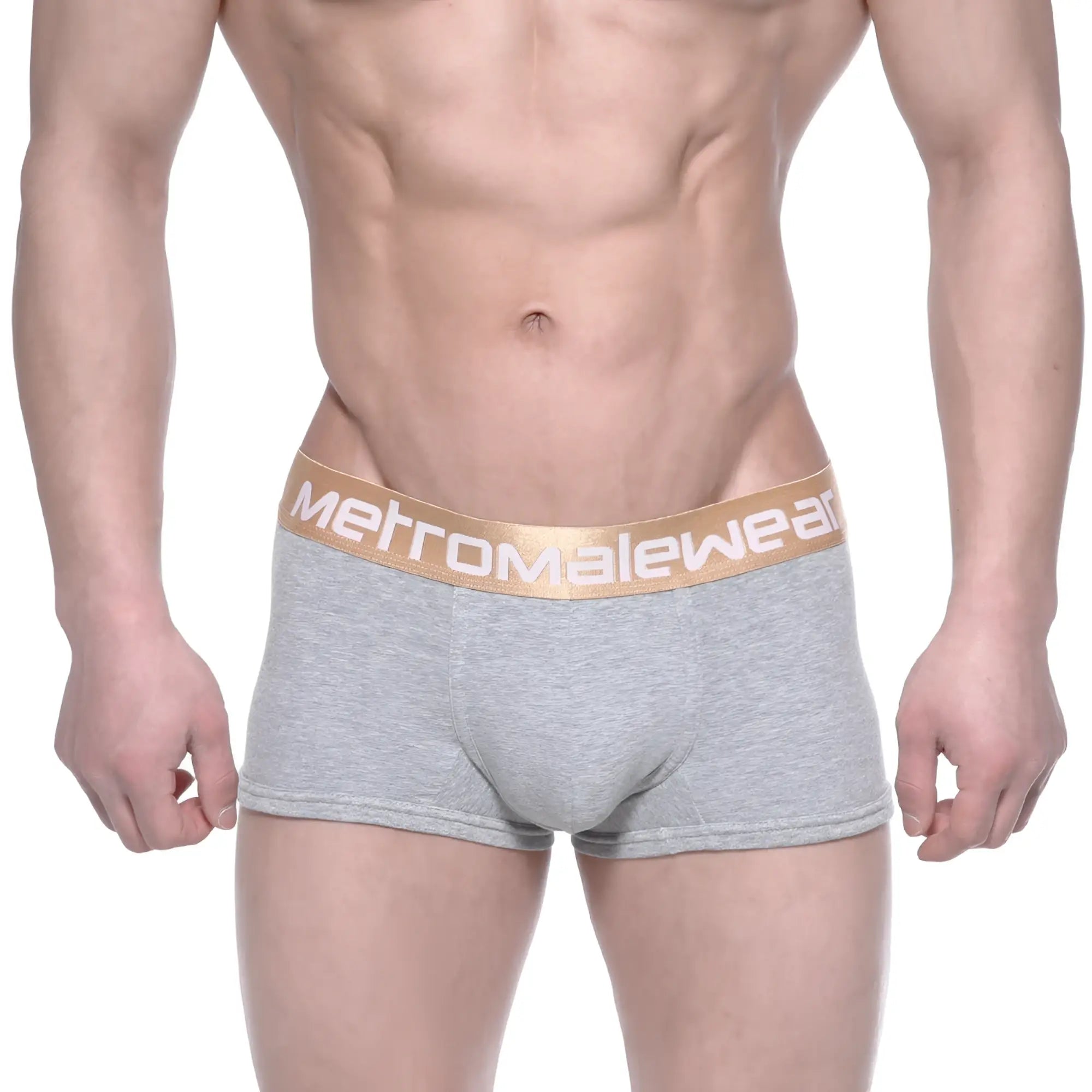 MetroMaleWear body boxer brief gray heathered with gold elastic waistband and metromalewear logo in white lettering