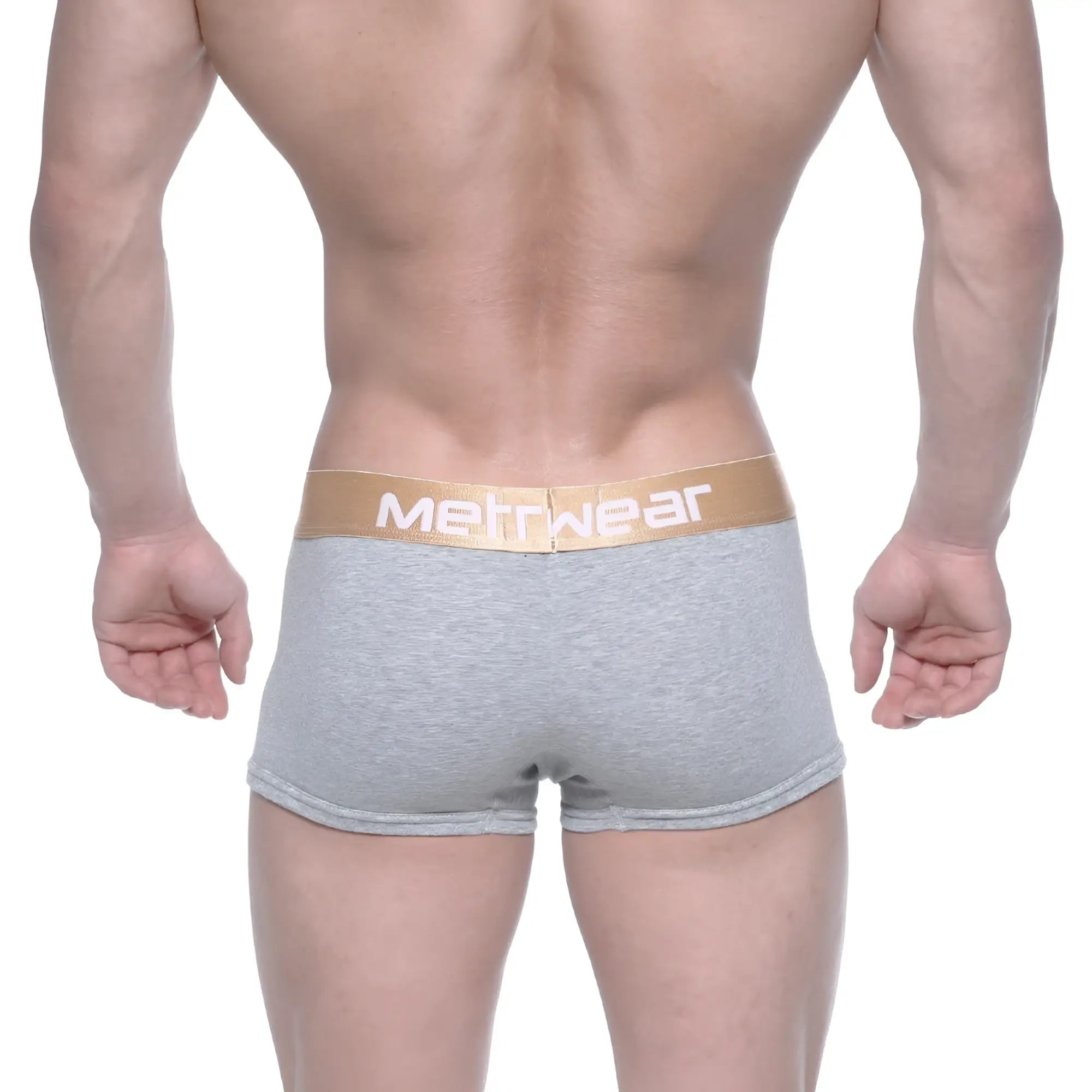 MetroMaleWear body boxer brief gray heathered with gold waistband featuring metwear logo in white lettering
