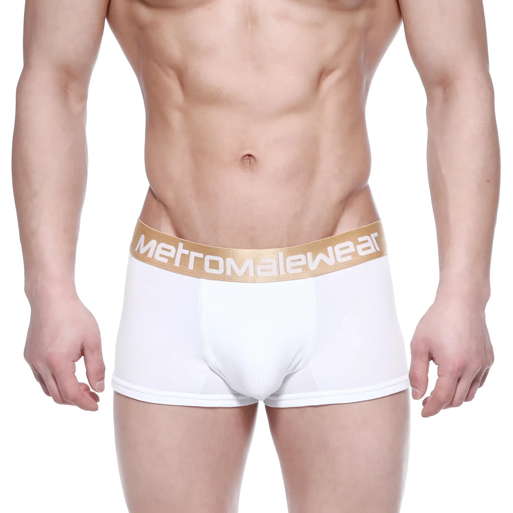 White men’s body boxer briefs with gold waistband featuring metromalewear logo metro malewear 1023-00