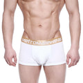 White men’s body boxer briefs with gold waistband featuring metromalewear logo metro malewear 1023-00