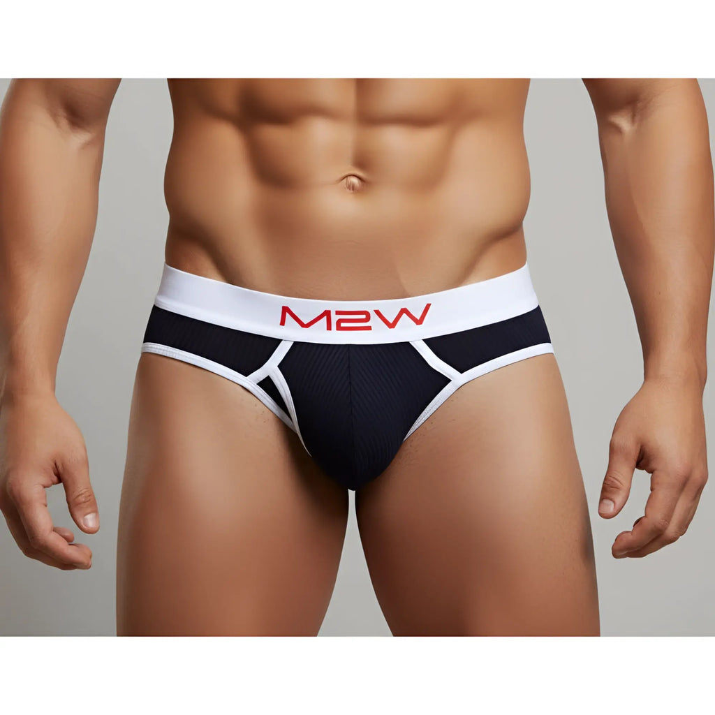 Metro malewear bold ribbed black briefs with black and white fabric and red lettering on the waistband