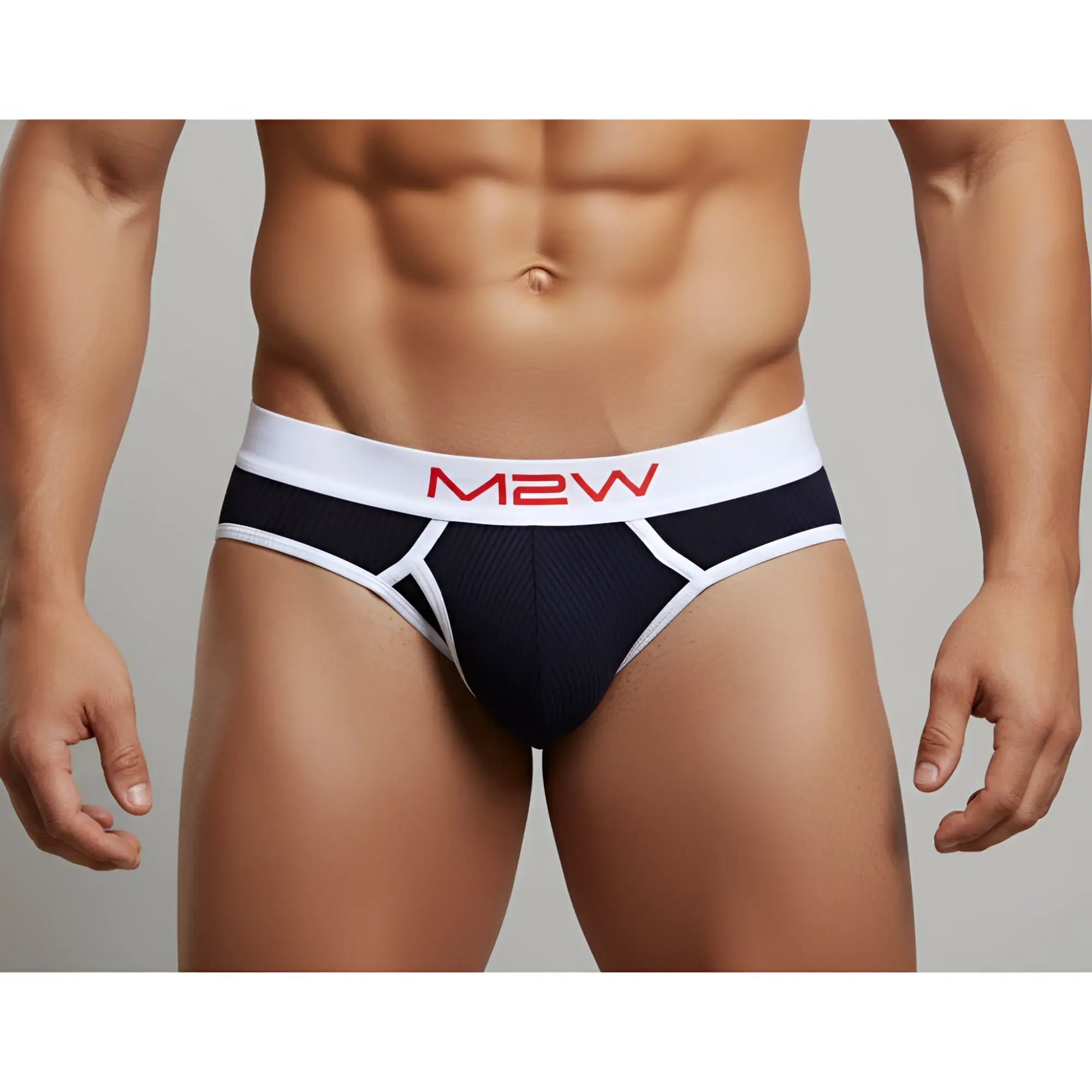 Metro malewear bold ribbed black briefs with black and white fabric and red lettering on the waistband