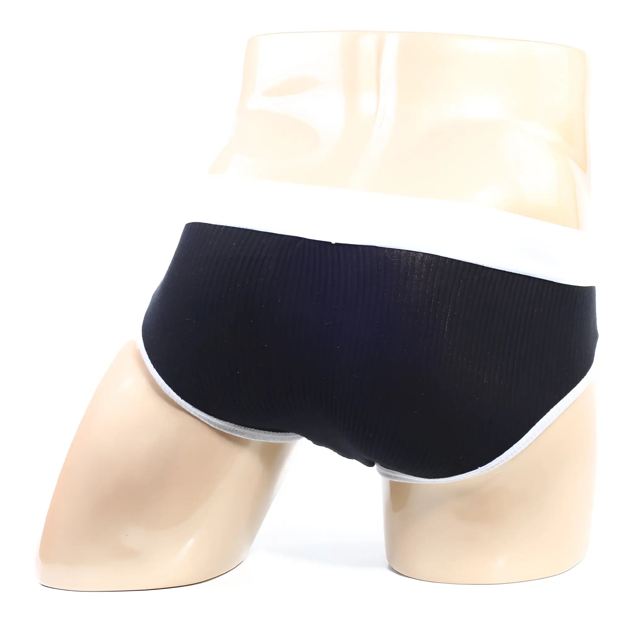 Metro male wear bold ribbed black briefs with white trim displayed on a mannequin showing the front side