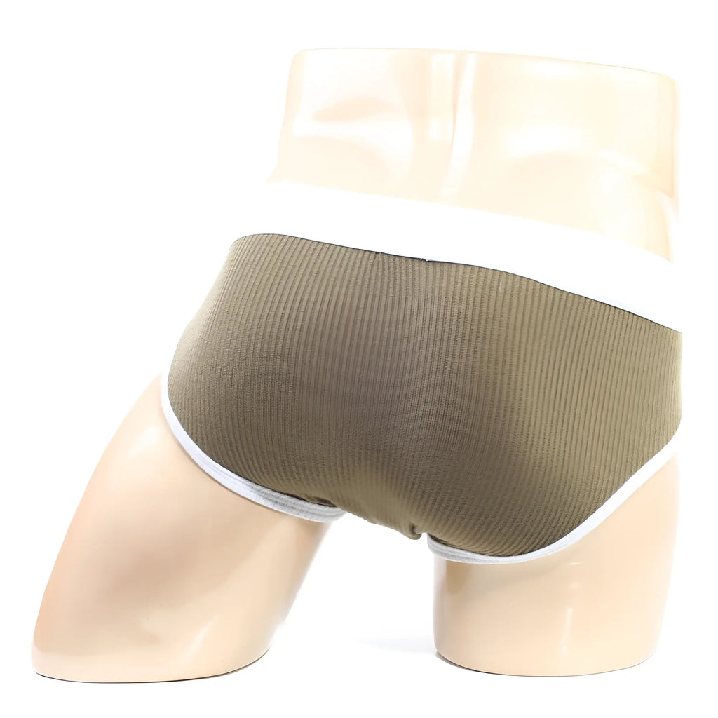 Metro male wear bold ribbed brief in olive green ribbed fabric with white elastic waistband and side stripes