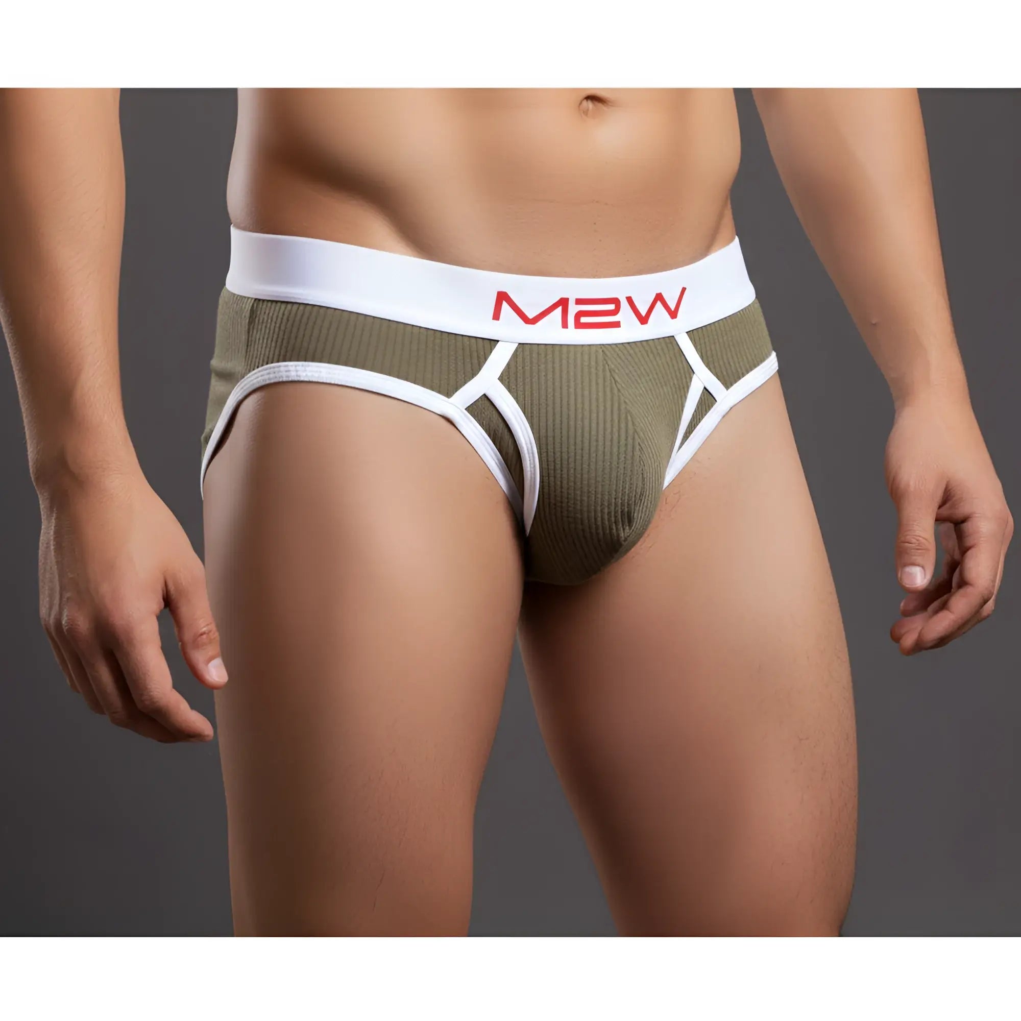 Metro male wear bold ribbed brief green in olive with white waistband and red m2w logo for men