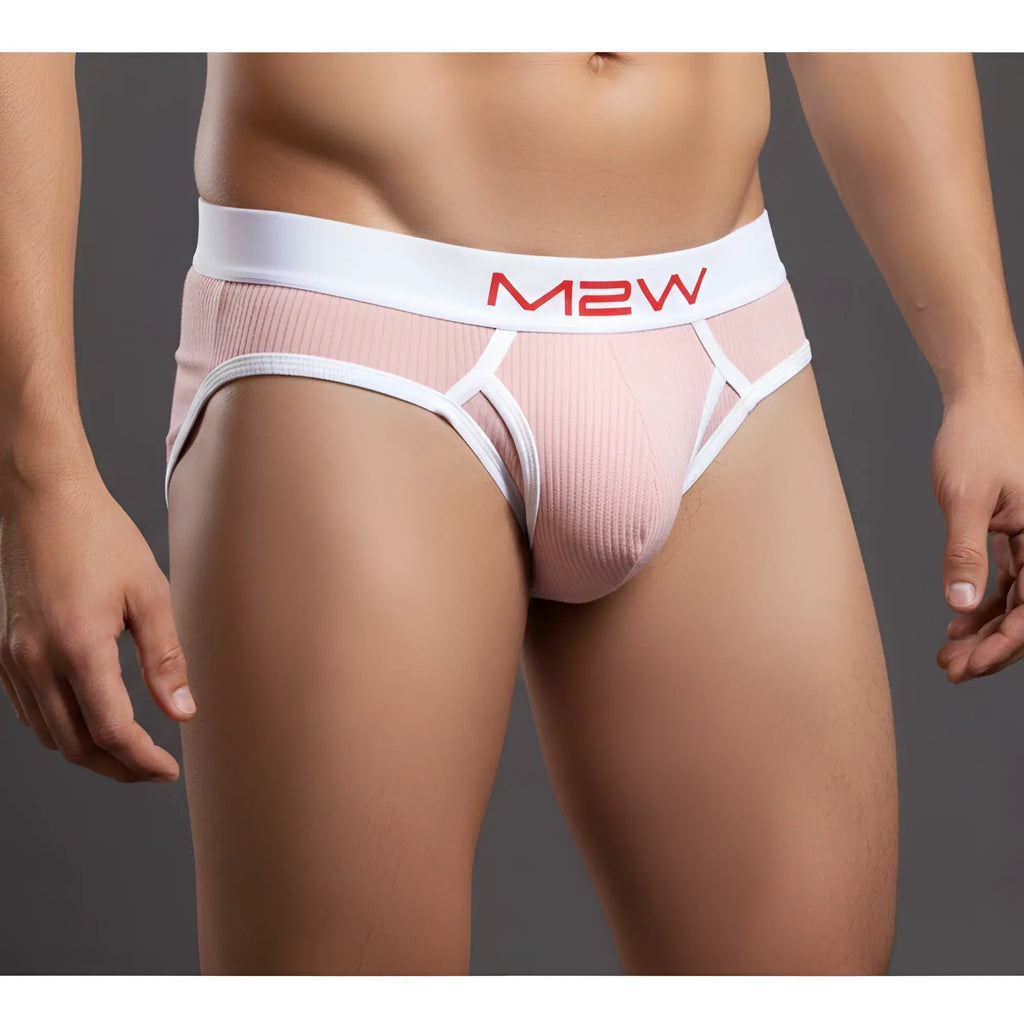 Pink ribbed men’s briefs with white elastic waistband and red m2w logo from MetroMaleWear Bold ribbed brief collection