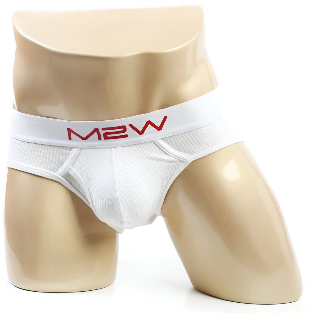 White m2w metro malewear bold ribbed briefs in white with ribbed texture and red logo on waistband