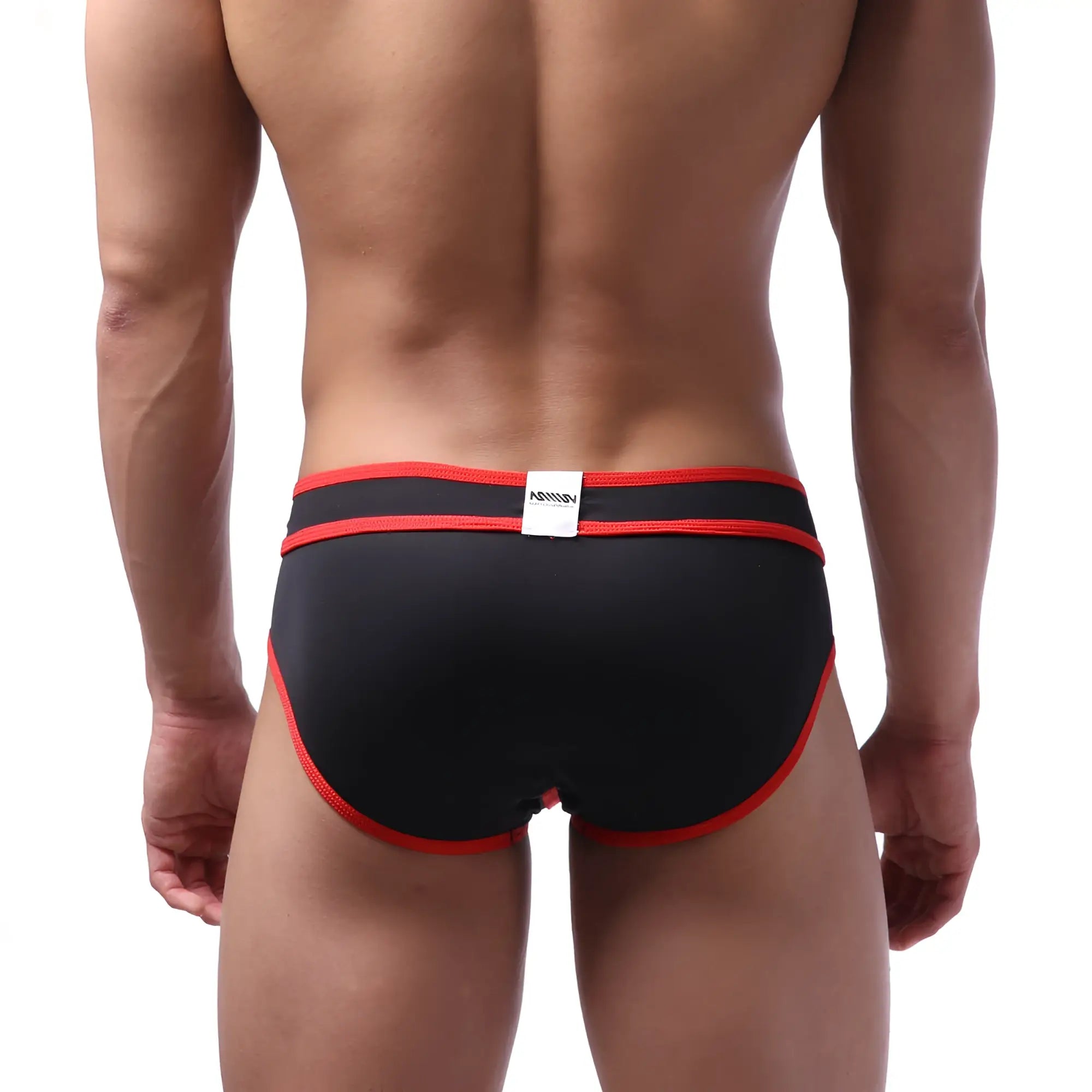 Black briefs with red trim and white waistband label metroMalewear bold swim brief red 4961-12