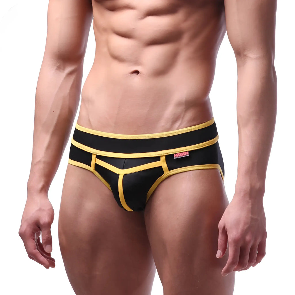 MetroMaleWear bold swim brief yellow 4961-15 with black and yellow geometric design for athletic use