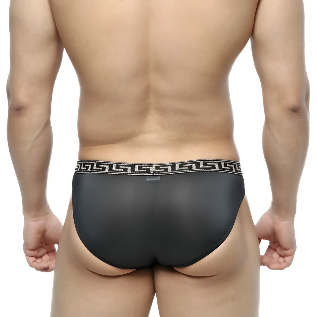 MetroMaleWear Bolero bikini black mesh briefs with black and silver greek key patterned waistband front view