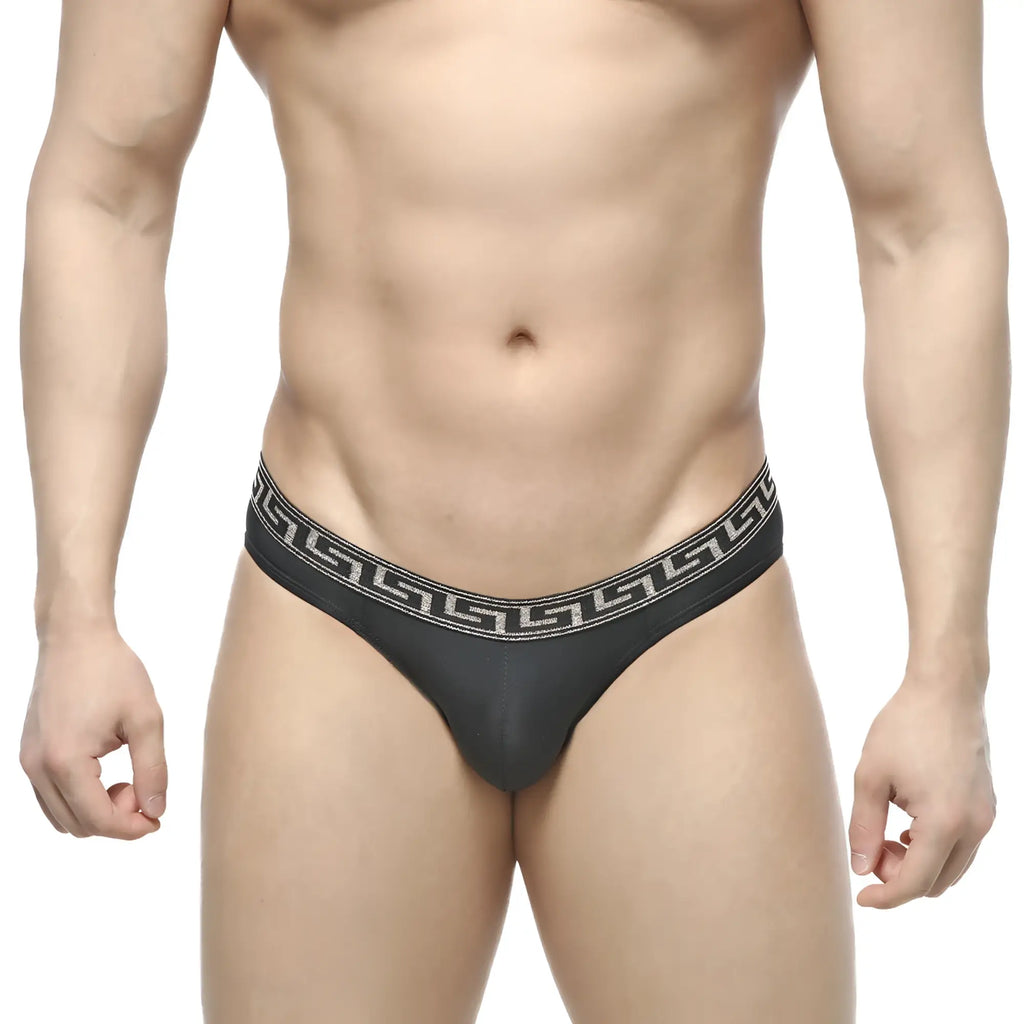 Black thong from MetroMaleWear bolero bikini 5105-20 with white greek key pattern on the waistband shown from back