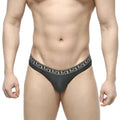 Black thong from MetroMaleWear bolero bikini 5105-20 with white greek key pattern on the waistband shown from back