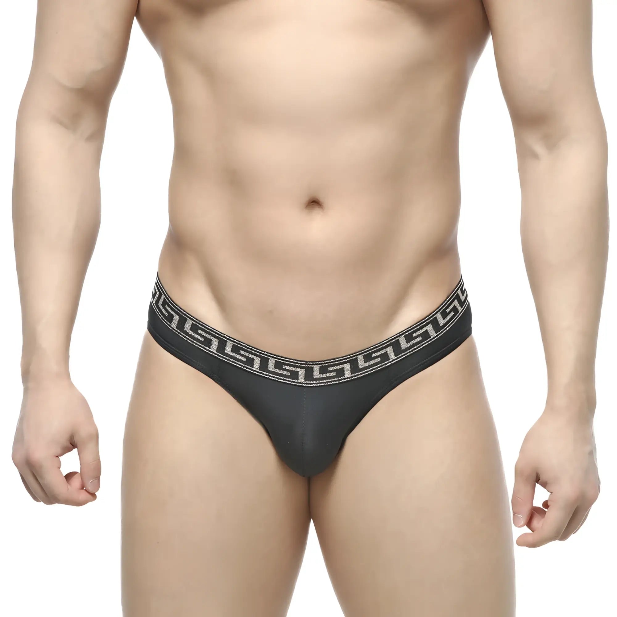 Black thong from MetroMaleWear bolero bikini 5105-20 with white greek key pattern on the waistband shown from back