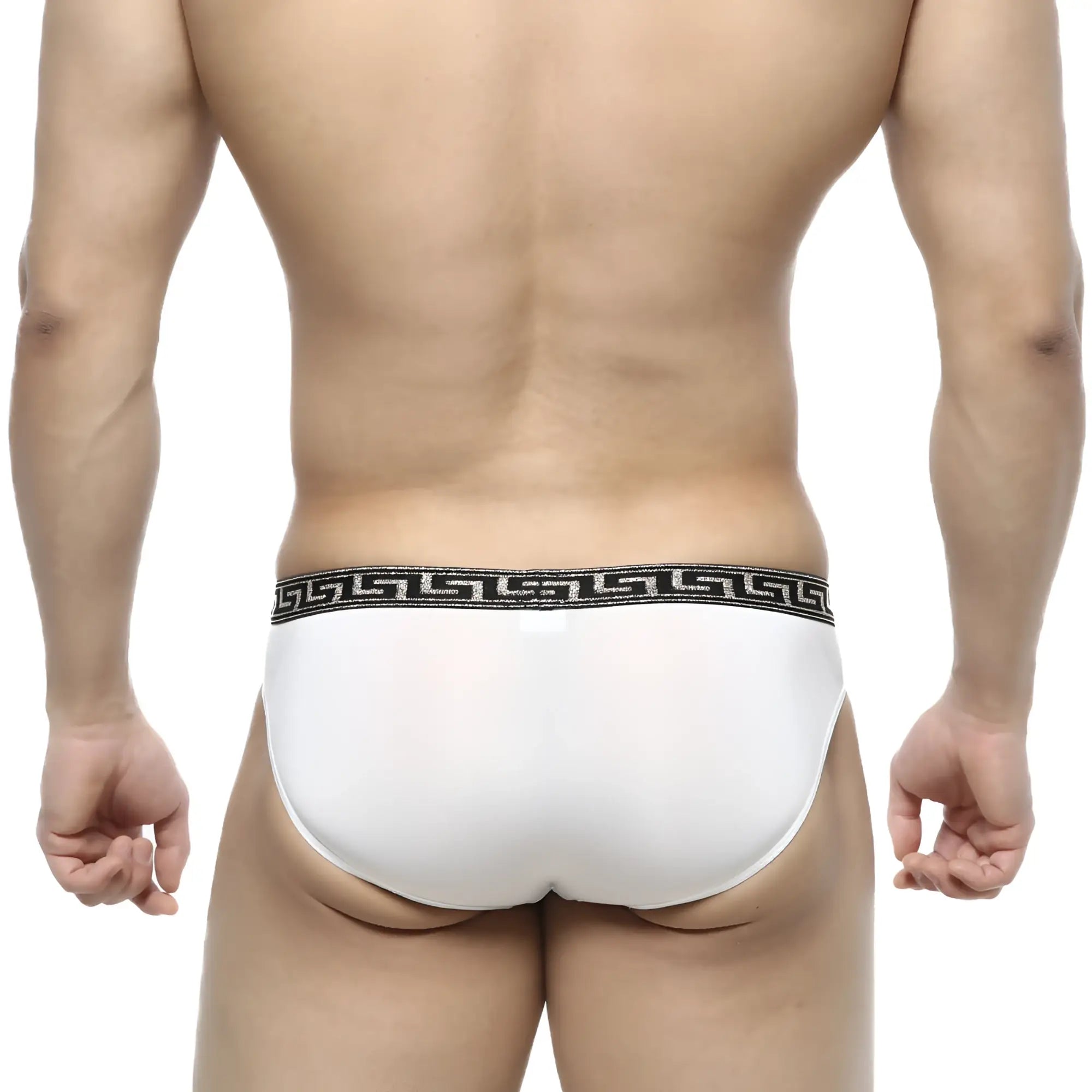 White briefs metro malewear bolero bikini 5105-00 with black greek key patterned waistband in cotton blend