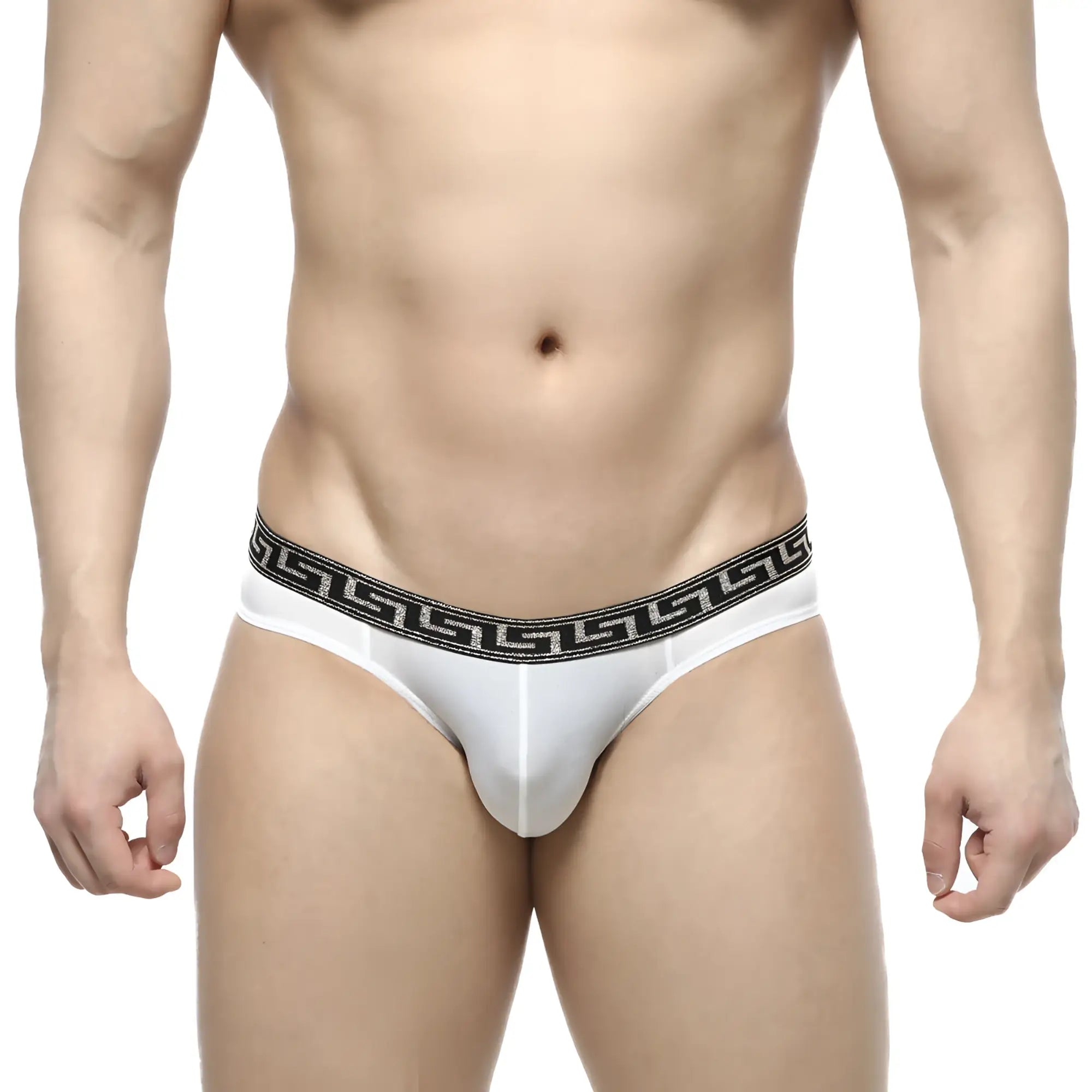 Metro malewear bolero bikini white men’s briefs with black greek key waistband pattern for everyday comfort