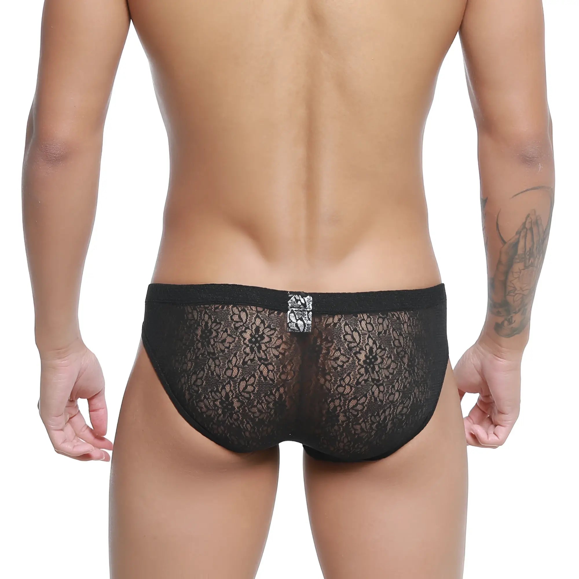 Black lace briefs with subtle floral pattern and small metallic emblem at the back metroMalewear bordado bikini black 5103-53