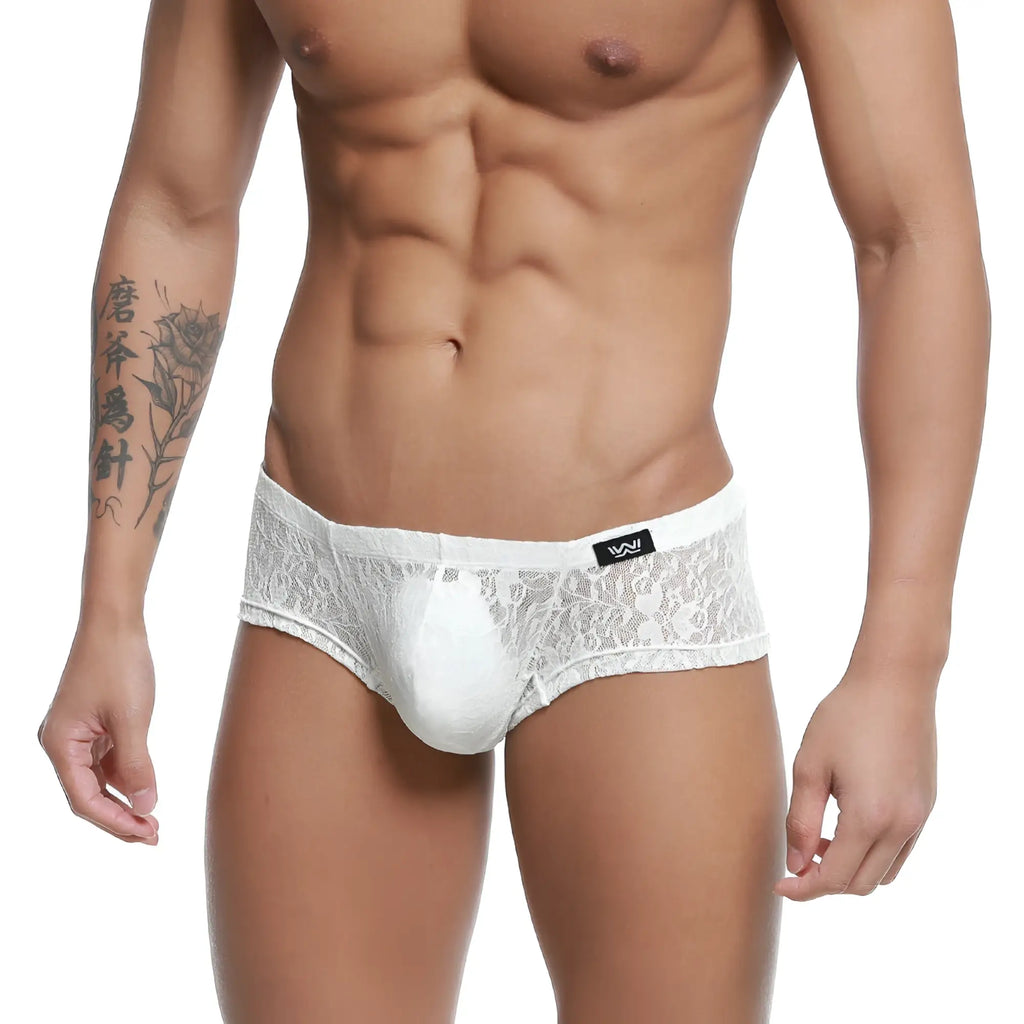 White lace men’s underwear trunk with solid white central panel and black metro malewear brand tag in ivory color