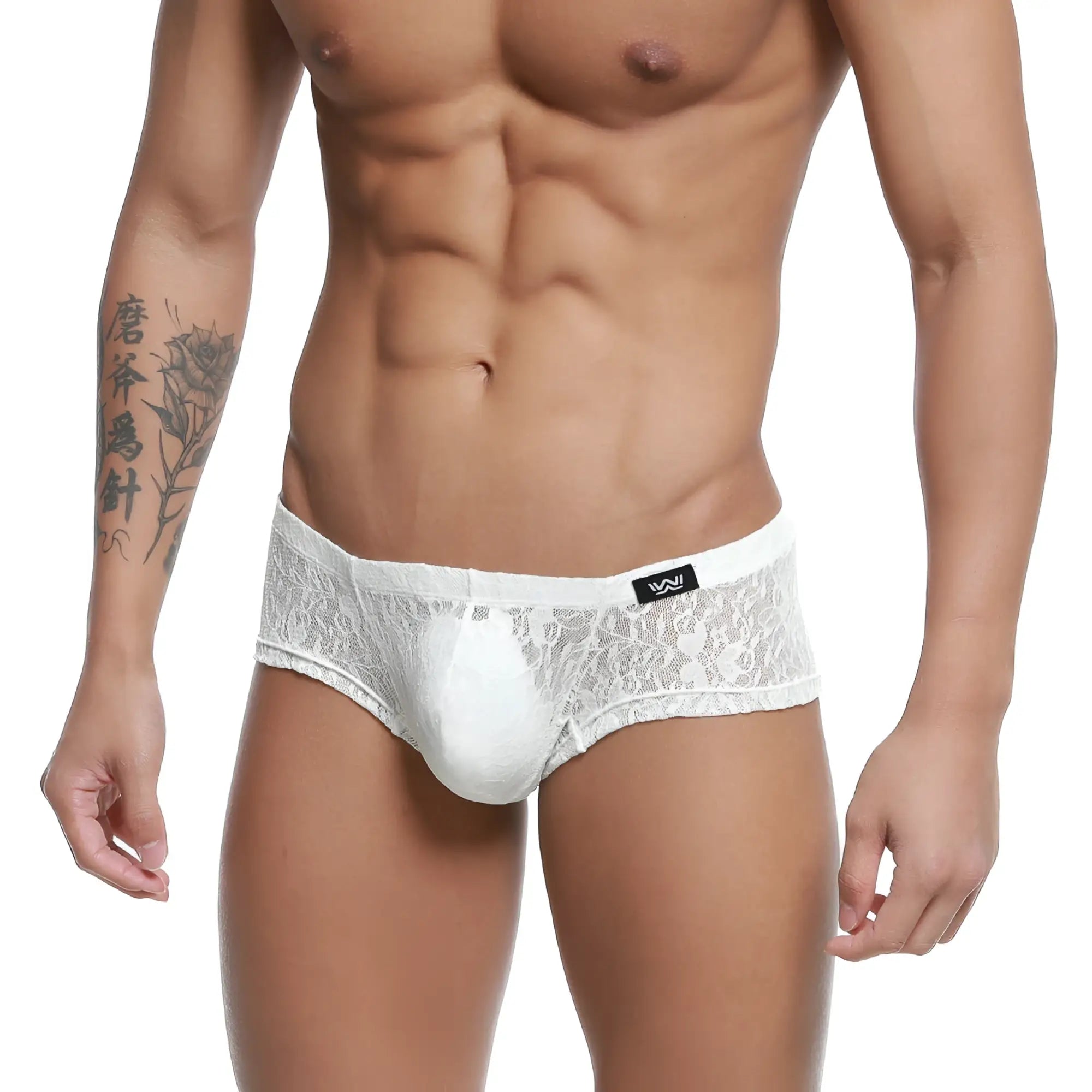 White lace men’s underwear trunk with solid white central panel and black metro malewear brand tag in ivory color
