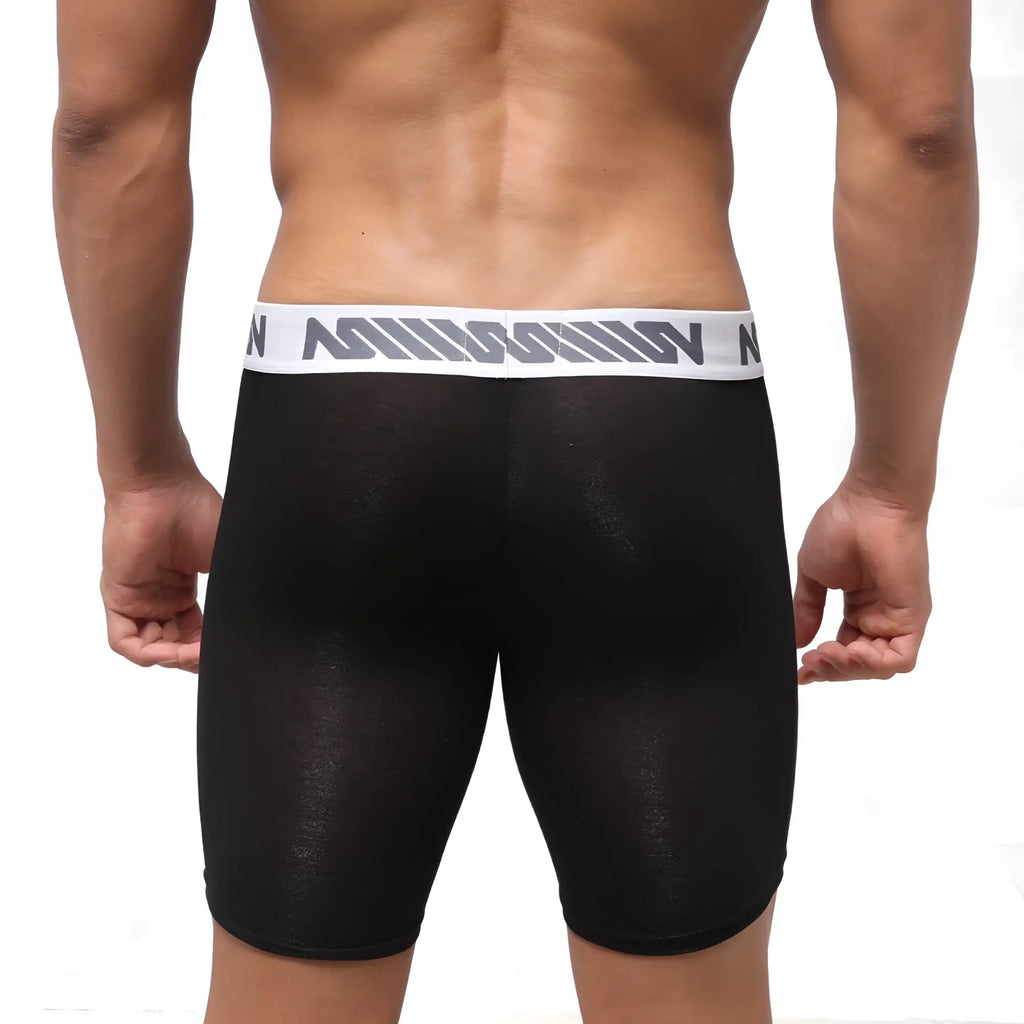 Black sheer athletic briefs with white gray striped waistband and bold nin branding metroMalewear bosillo bold long boxer